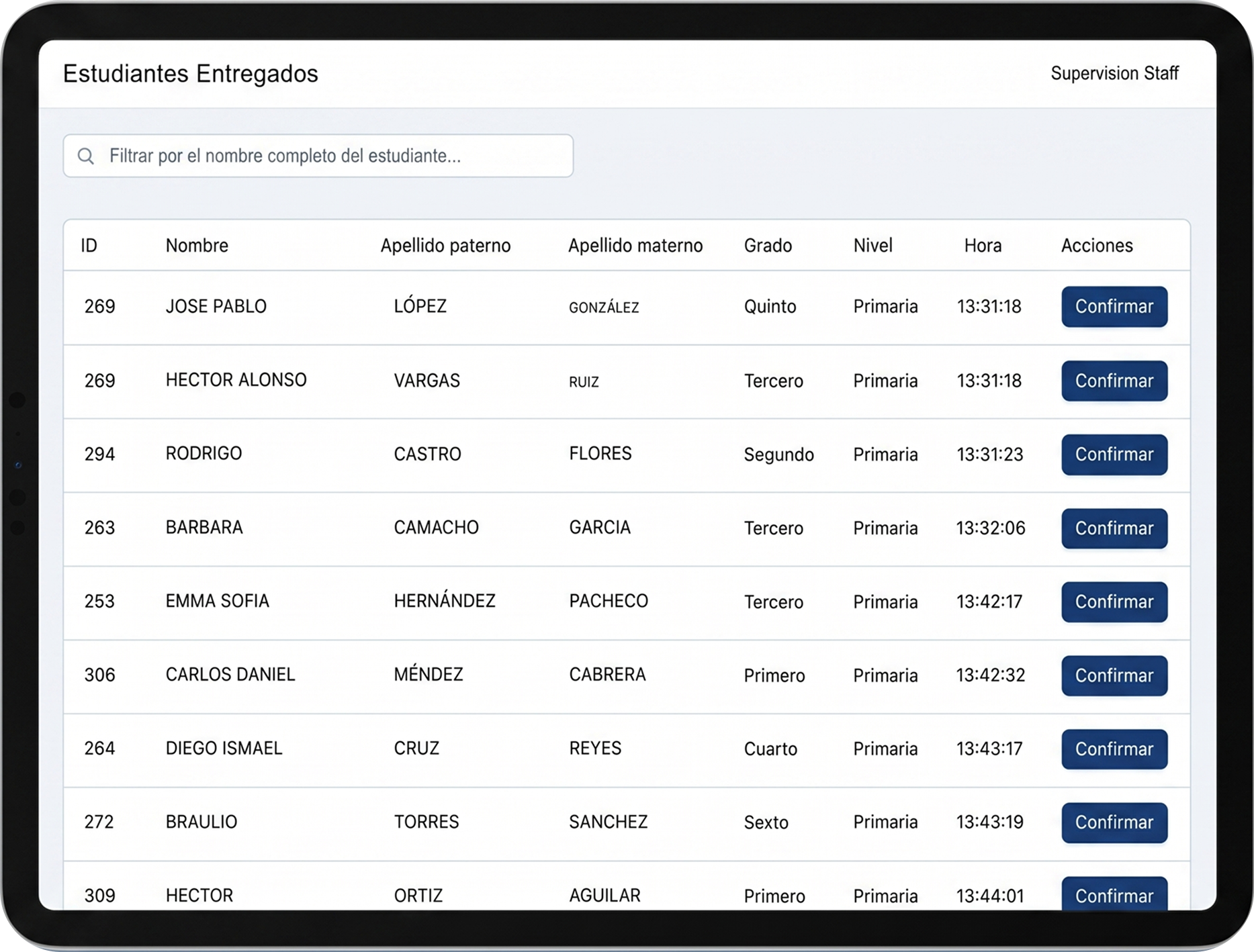 iPad con pantalla de entregas confirmadas y registro de hora exacta